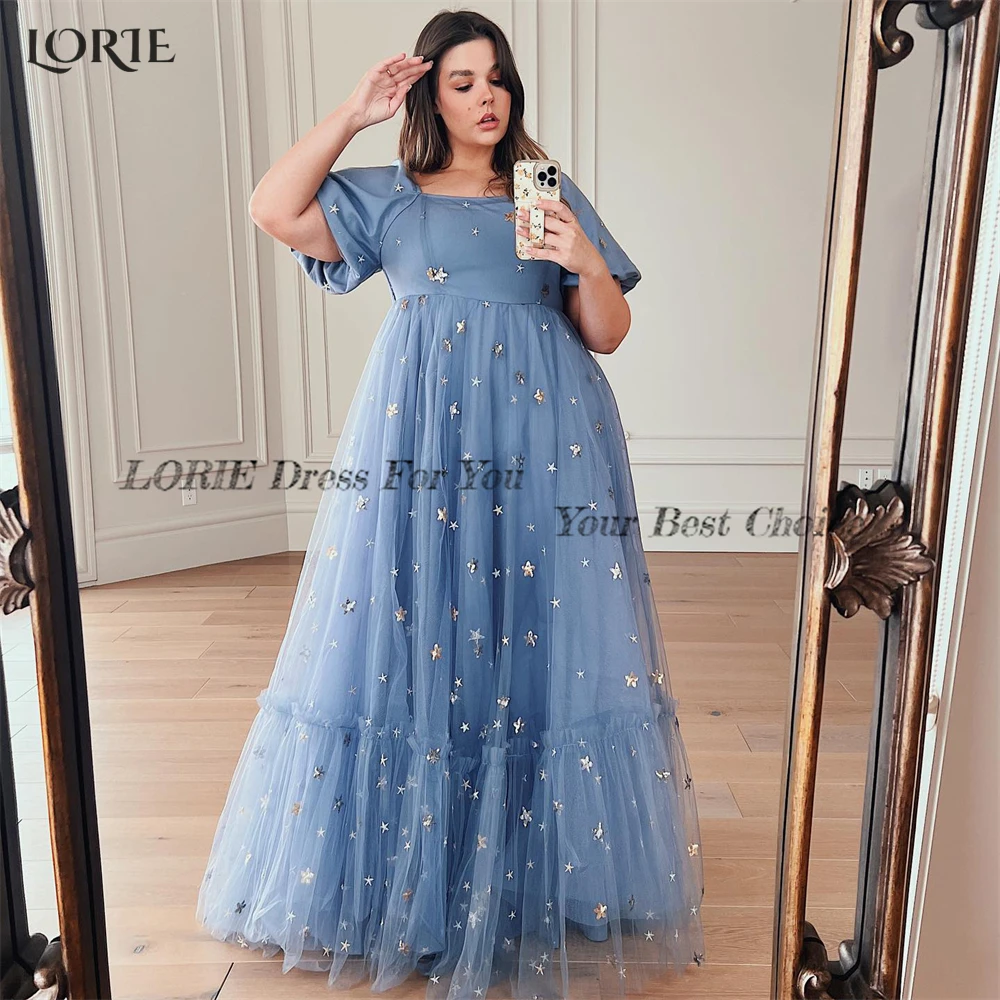 LORIE Dark Blue Glitter Formal Prom Dresses Stars Sequins A-Line Long Square Collar Evening Dress Puff Sleeves 2023 Party Gowns