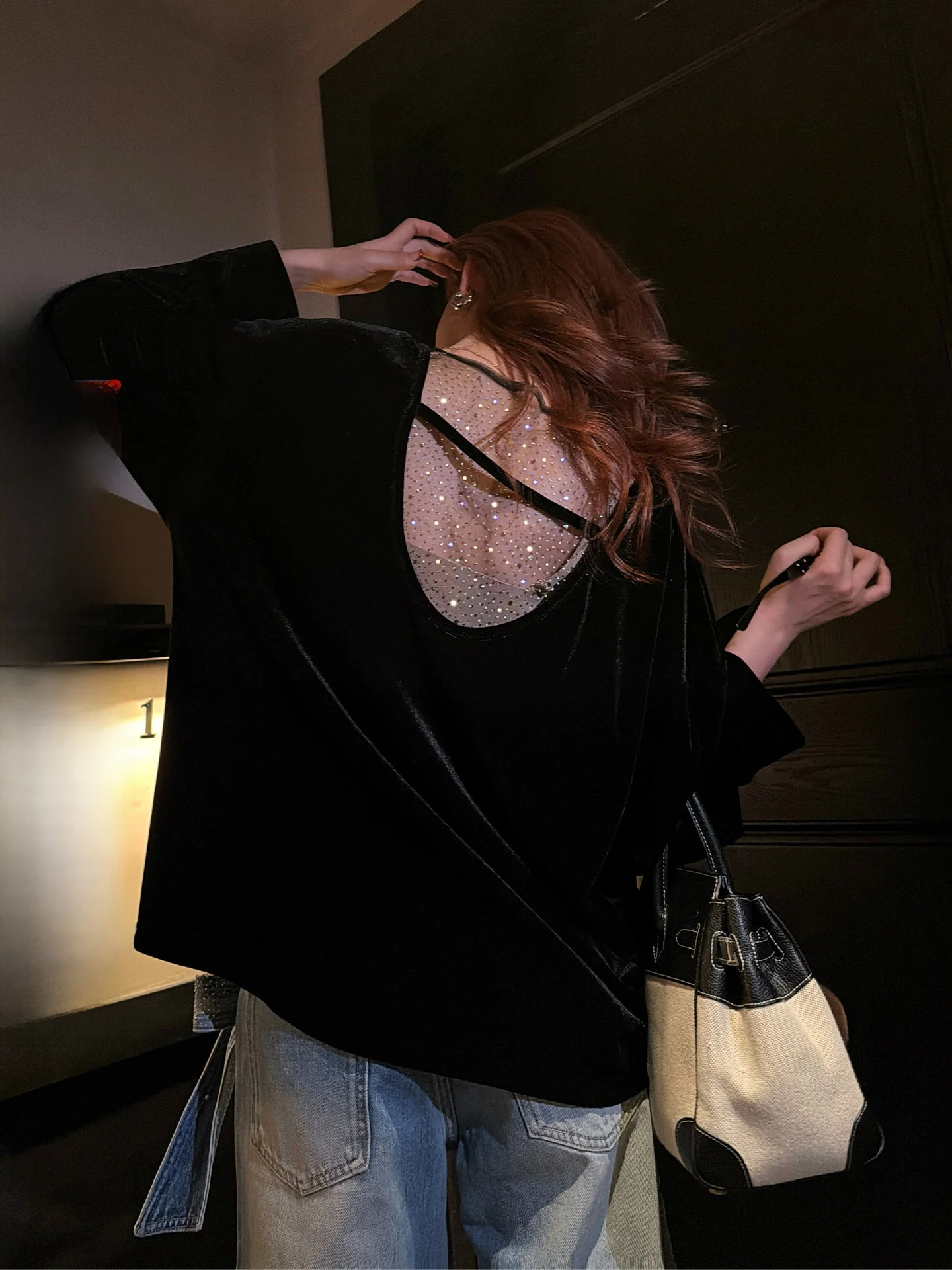 

Модный женский топ Loose Me Ba с бриллиантами, длинный рукав, однотонный, из нейлоновой ткани, для ранней весны, повседневный стиль