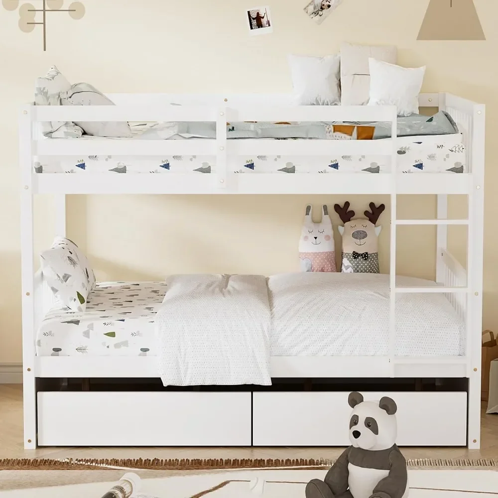 

Full Over Full Bunk Bed with 2 Storage Drawers, FullSize Bunk Bed with Ladder and Rails, Convertible to 2 FullSize Platform Beds