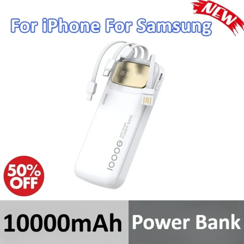 

10000mAh Power Bank Fast Charging External Battery Charger For iPhone For Samsung With Built-in Cable Certified Digital Display