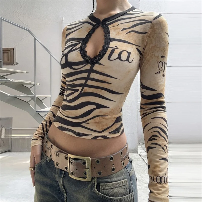 Goth Dark Fashion Y2K Aesthetics Printed Long Sleeve T-shirts E-girl Cutecore Slim Crop Tops Mall Gothic Hollow Out T-shirt Lace