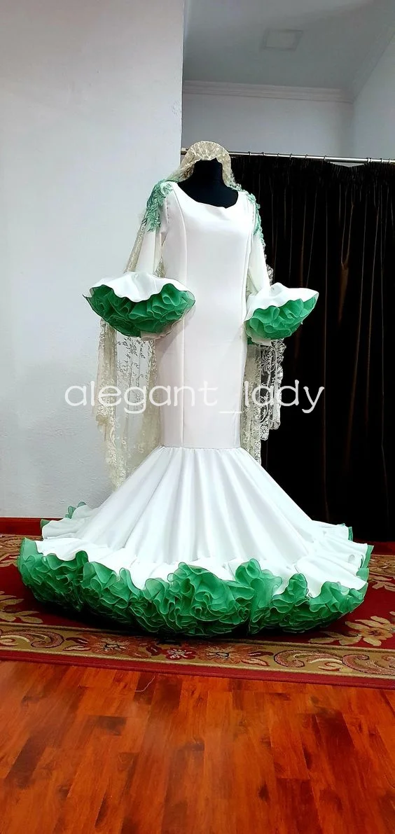 Vestido de noche de manga larga con volantes y parte inferior fruncida, traje de fiesta de sirena, blanco y verde, Moda Flamenca Victoria