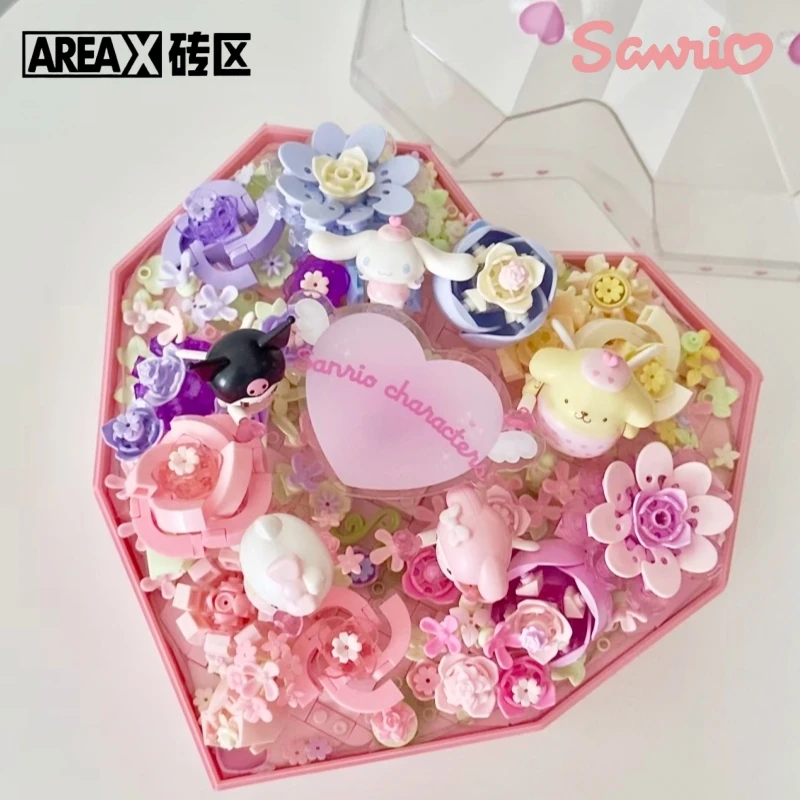 

AREAX Sanrio Building Blocks Love Flower Box Heartbeat Confession Toy Kuromi Hello Kitty My Melody Assembly Model Ornament Gift