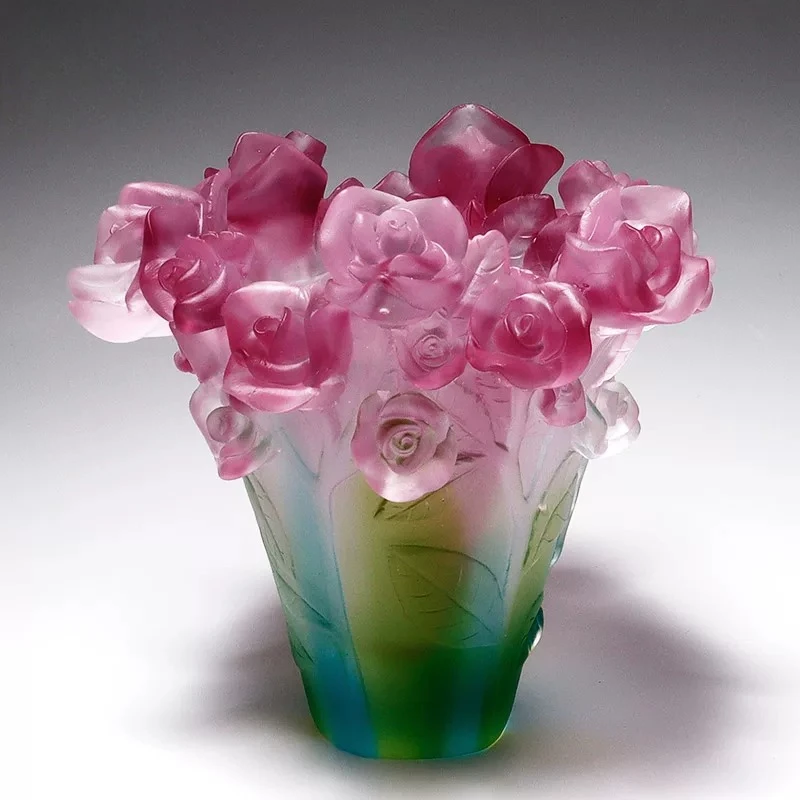 Creative Art Glass Vase,Handmade 3D Rose Flower Decorative Bottle, Exquisite Craft for Home Office Storage, Centerpiece Ornament