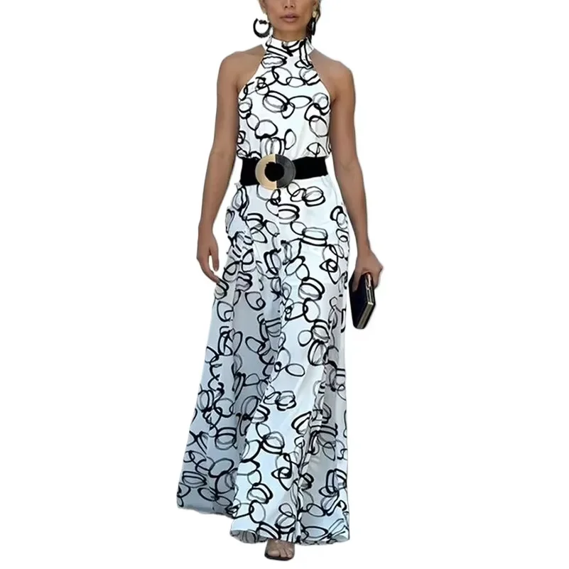 Woman Summer Contrast Color One Piece Jumpsuit 2026 Elegant Abstract Prints Elastic Waistband Rompers No Belt for Urban Women