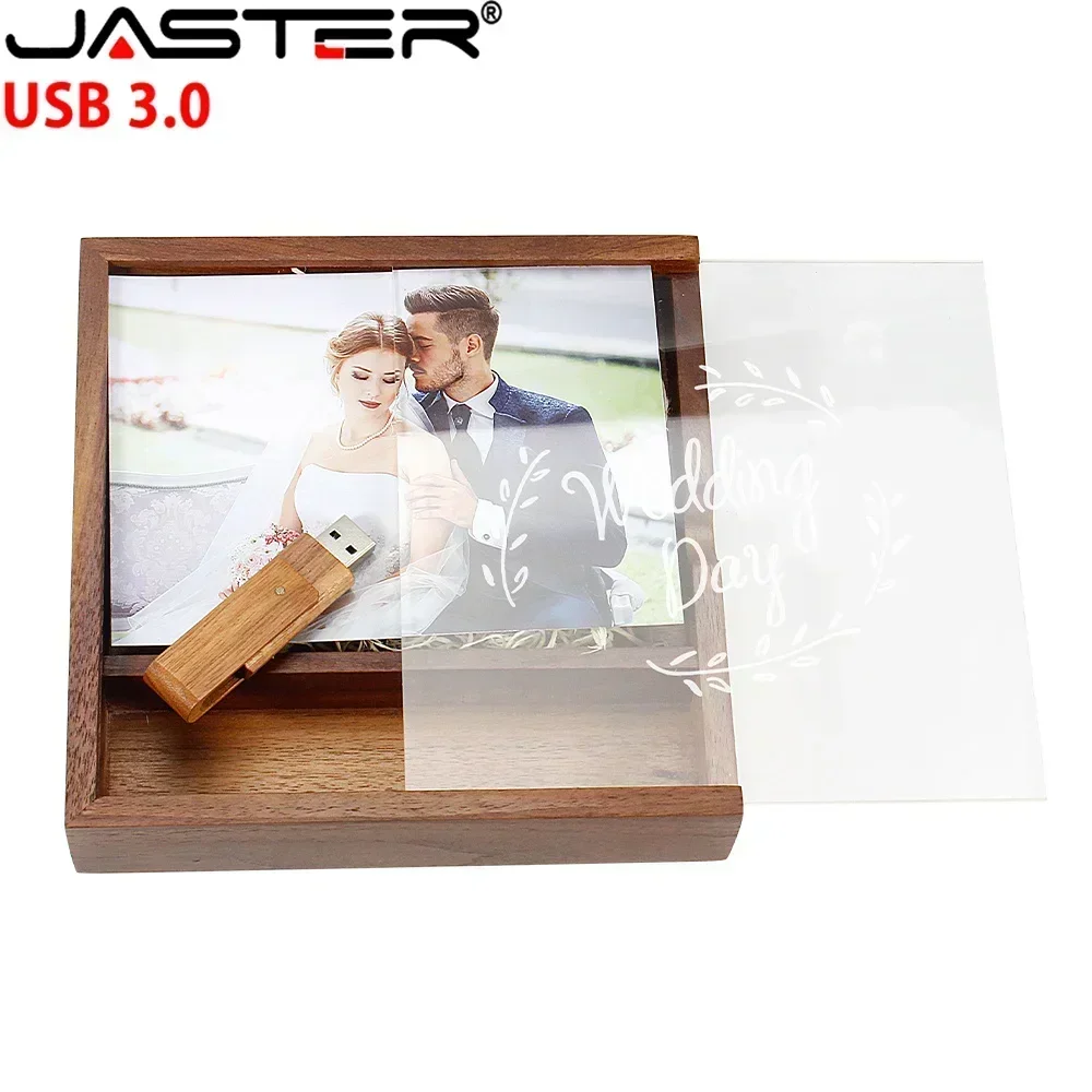JASTER pamięć USB 3.0 przezroczysta akrylowa pokrywka drewniane ramka na zdjęcia Album Pendrive 64GB 128GB 16GB 32GB 8GB 4GB U stick prezent ślubny