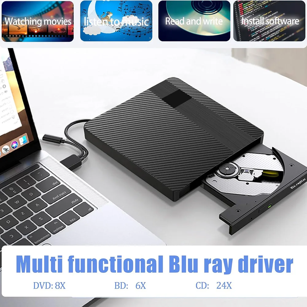 2-in-1 USB3.0 External Blu-ray DVD RW CD Writer Drive Burner Reader Player CD-ROM DVD-ROM Optical Drives For Laptop Desktop PC