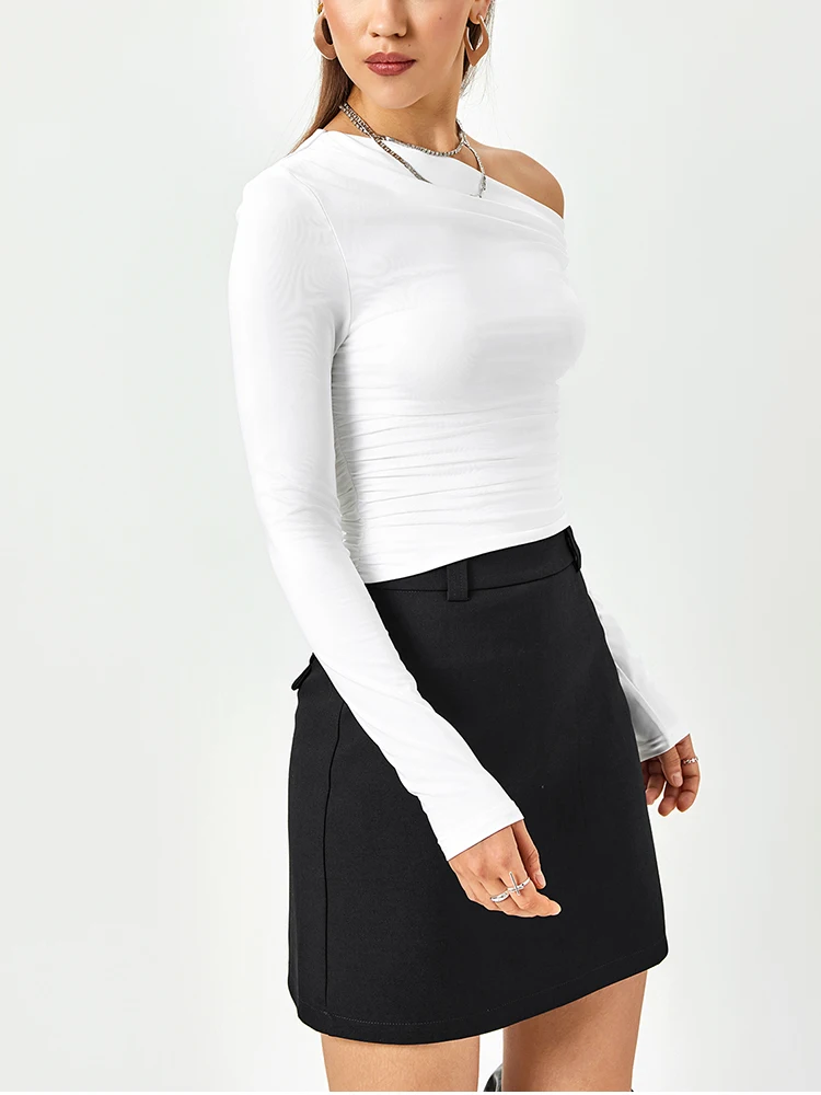 NewAsia, Top Sexy de manga larga ajustado de Color sólido para mujer, blusa ajustada asimétrica fruncida para otoño, ropa de calle ajustada para fiesta y cita