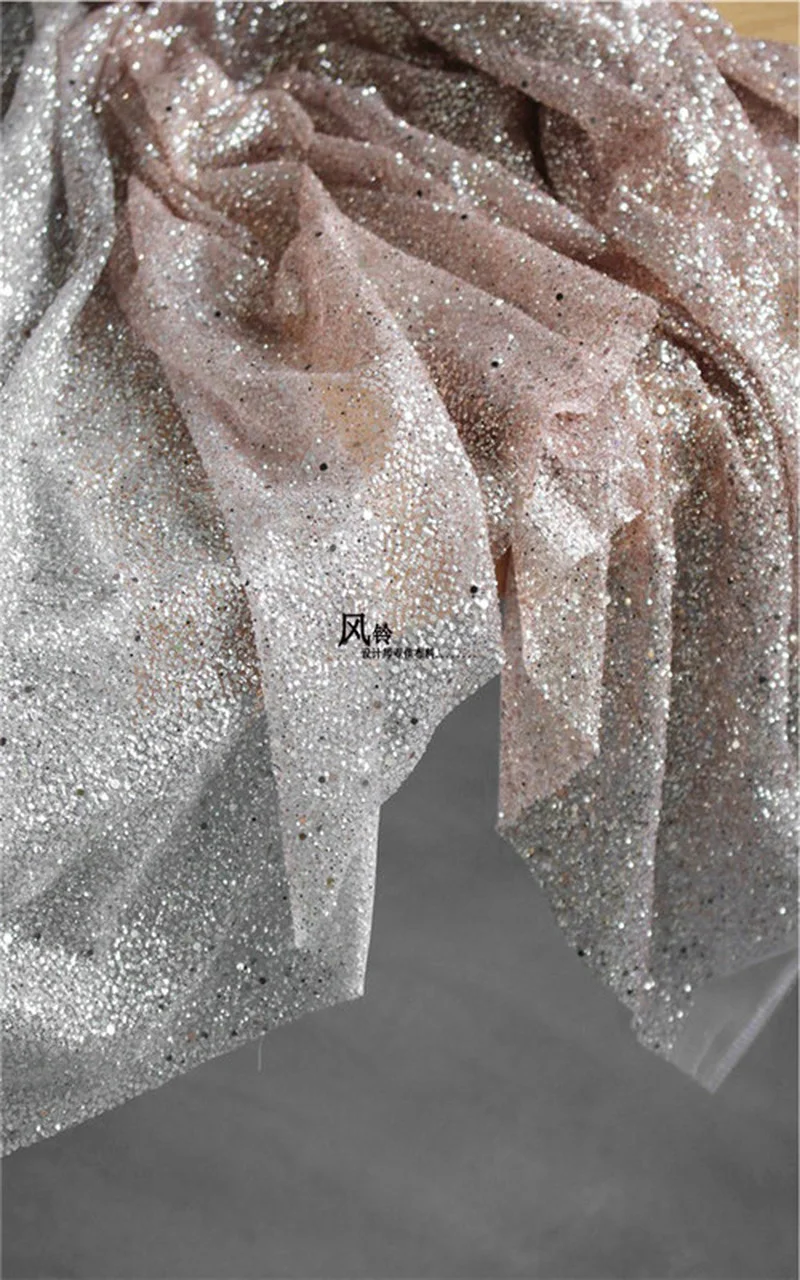 Shiny Sequined Fabric Allover Bronzing Silver to Pink Gradient DIY Craft Background Decor Stage Skirt Gown Dress Designer Fabric