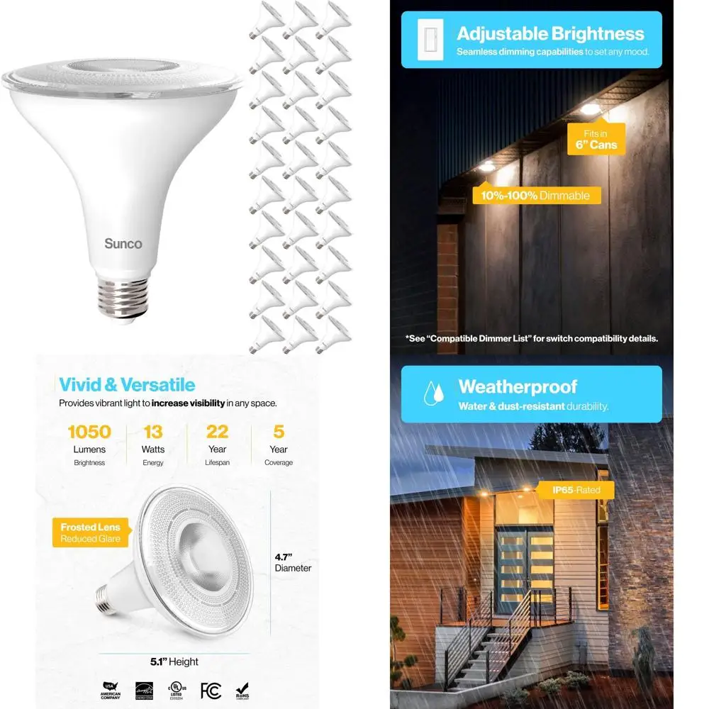 

Набор из 30 светодиодных уличных прожекторов, водонепроницаемые лампы PAR38, теплый белый свет 3000K, 1050 люмен, 13 Вт, с регулировкой яркости, цоколь E26, сертифицировано UL