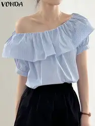 Elegant Women Striped Blouse Fashion Sexy V-neck Off Shoulder Ruffled Tops Shirts 2024 VONDA Short Sleeve Tunic Top Blusas Femme