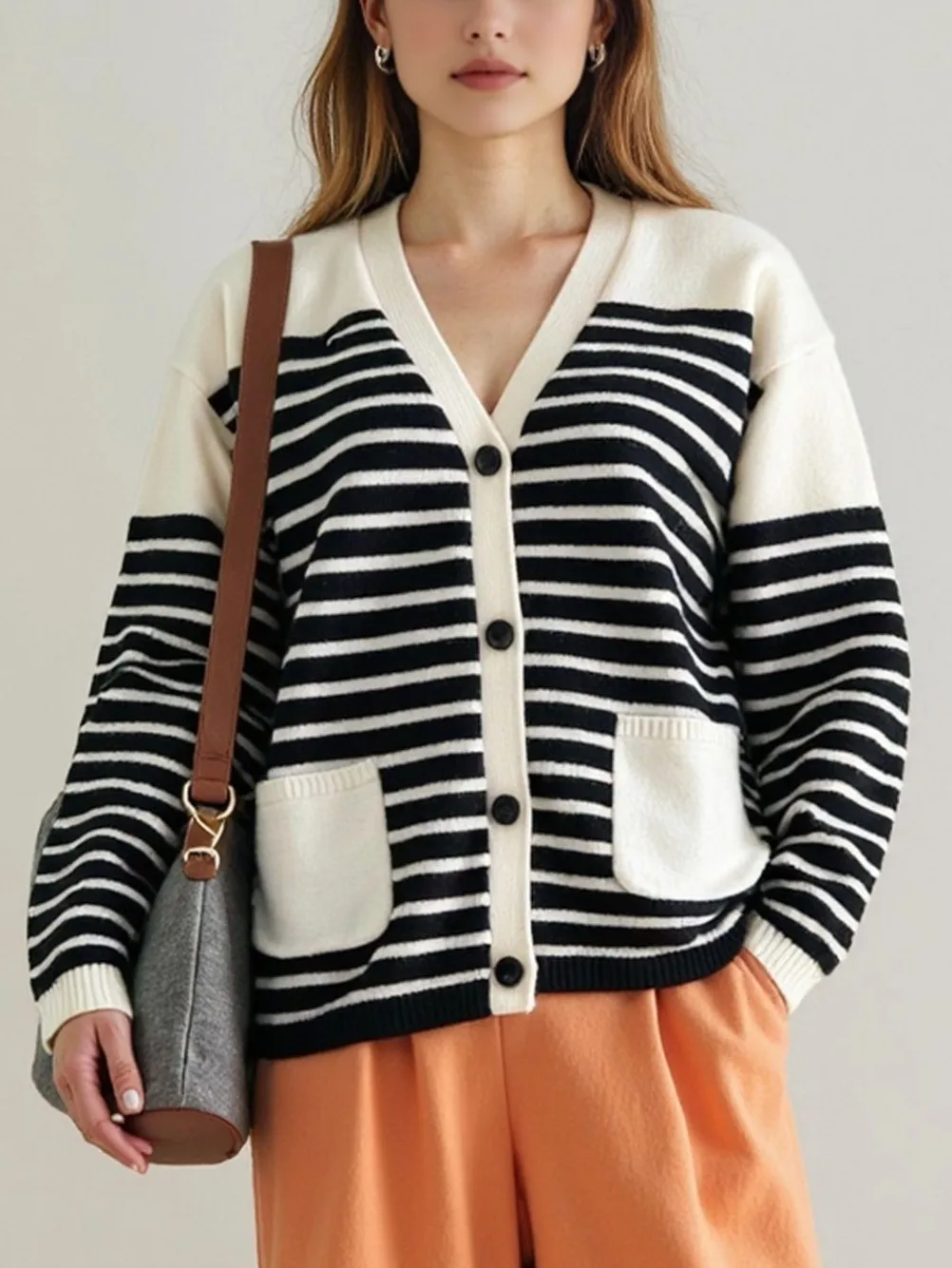 

Single Breasted Cardigan Women's V Neck Striped Color Block Pocket Fall Coatigan