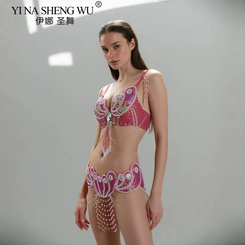 Ensemble de costumes de danse du ventre perlés pour femmes – Tenue sexy avec soutien-gorge et ceinture pour dames, parfaite pour les carnavals et les événements de danse du ventre