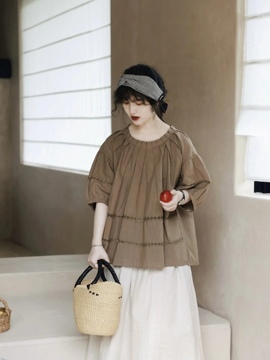 

Sweet Style Women's Shirt Puffy Doll Top Vintage Pleated Ruffle Japanese Style Blouse Cute And Lovely Loose Fit Bubble Sleeve