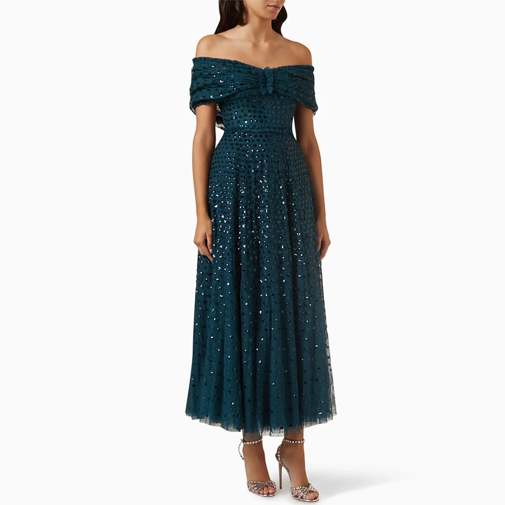 Abito da sera in tulle con paillettes scintillanti Abiti da cerimonia moderni personalizzati con spalle scoperte Abiti da festa formali con cerniera sul retro