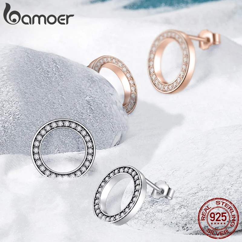 BAMOER Forever Clear CZ 925 boucles d'oreilles rondes en argent Sterling avec Bijoux CZ cadeau Oorbellen Bijoux PAS437