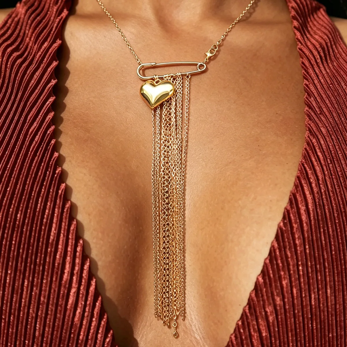 Draping Multi Strand Fine Tassel Chains Safety Pin Heart Pendant Necklaces Glamorous Statement Body Accessory Party Jewelry