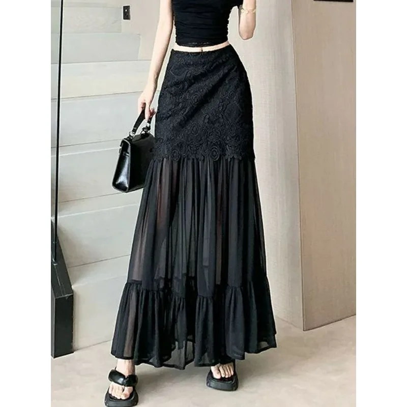 시크하고 아름다운 하이웨이스트 심플 솔리드 컬러 2025 여름 신상 오피스룩 여성 패션 레이스 스플라이싱 메쉬 A라인 스커트
