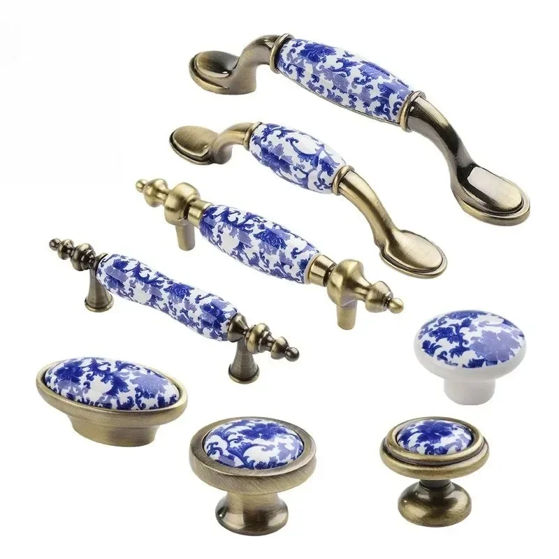 Solid Single Hole Drawers Knob Zinc Alloy Wardrobes Door Pulls Handles Blue and White Porcelain Ceramic Kitchen Cabinets Handles