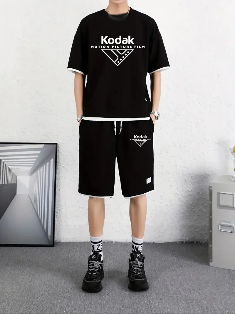 

Kodak Retro Print Men's Short Sleeve + Shorts Set - Adult Summer Outdoor Breathable Fitness and Sports Two-Piece Set