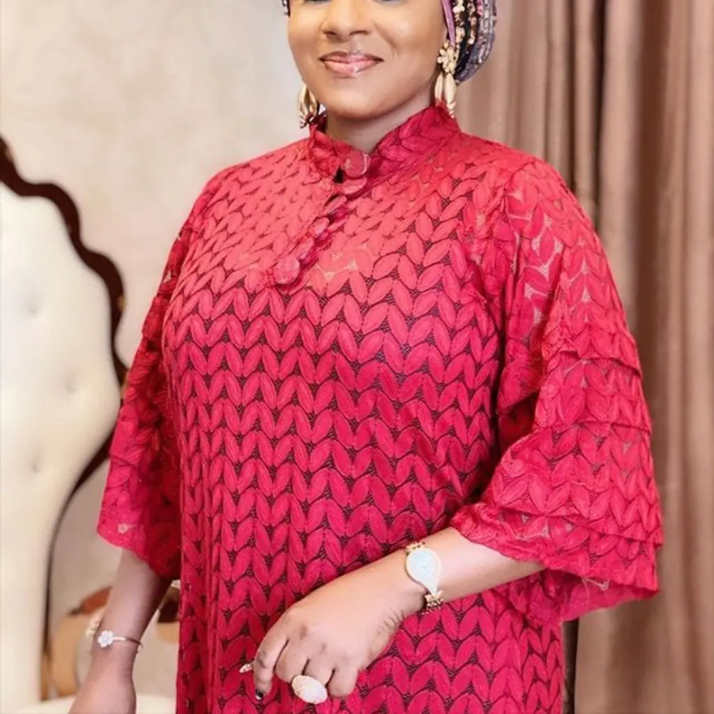 Afrikanischer Damen-Rock, modisch, gerade, Spitze, lockerer langer Rock mit Glockenärmeln, kleiner Stehkragen, Kleidversorgung, Juni Factory