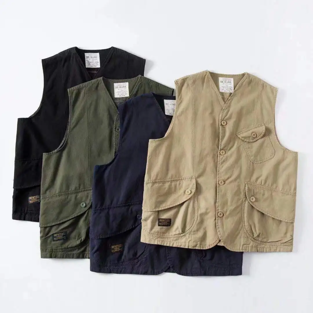 Japanese Retro Amekaji Multi Pockets Workwear Vest Solid Color V-neck Camisole Distressed Casual Vest for Men and Women VIntage