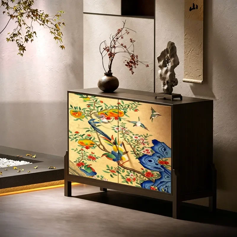 New Chinese Style Floral Bird Fruit Song Aesthetics Solid Wood Floor to Ceiling Vertical Cabinet Entrance Edge Partition