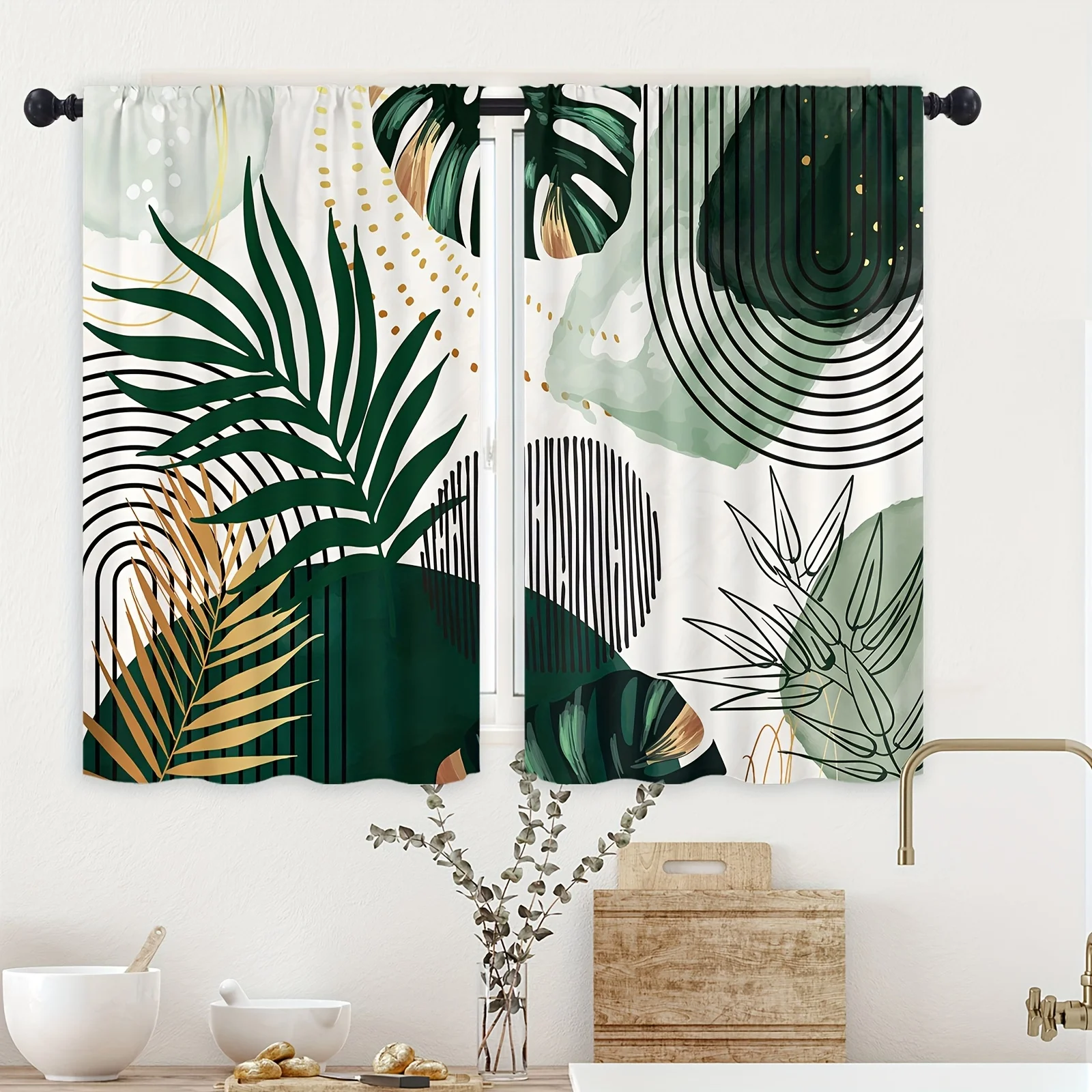 

2pcs Abstract Green Leaf Printed Kitchen Curtains Tiers Minimalist Modern Mid Century Tropical Leaves Plant Botanical Curtains