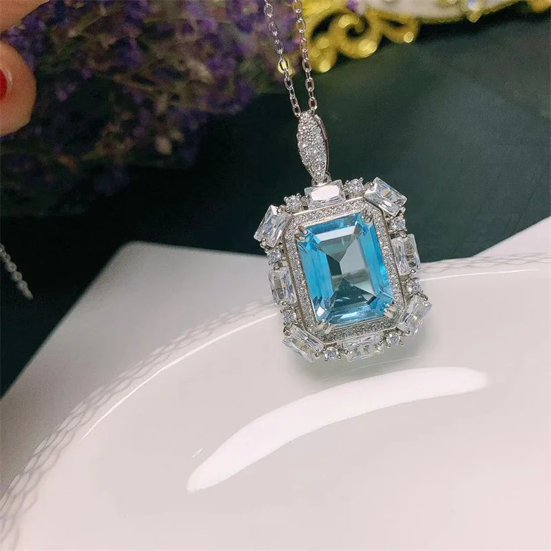 Natural Sky Blue Topaz Pendant 925 Silver Necklace Fine Jewelry Gorgous 14x10mm Big Size with Certificate