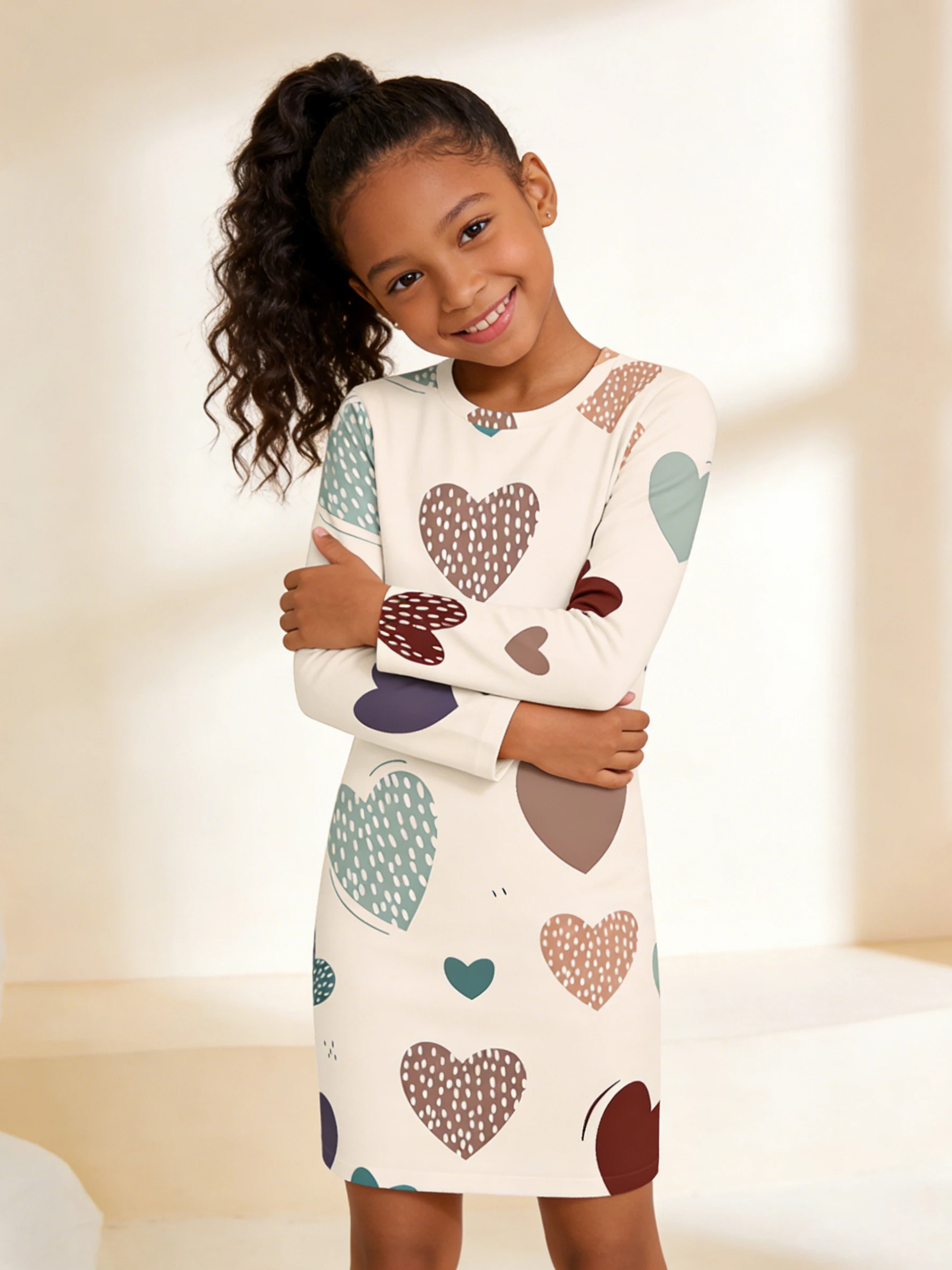 

2026 girls milk white colorful polka dot love print long-sleeved slim-fit dress