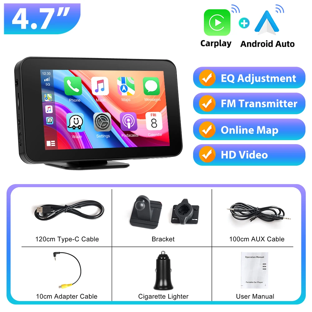 Podofo 4.7'' Carplay Automonitor Android Auto Mirror Link Draagbare Automonitor Bluetooth FM Transmissie USB TF Kaart EQ Geluid