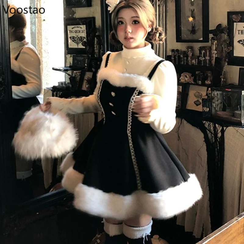 Autunno Inverno Dolce Lolita 3 Pezzi Set Donne Kawaii Peluche Coniglietto Orecchio Mantello Cappotto Sottile Mini Abiti Stile Coreano Femminile Y2k Vestito