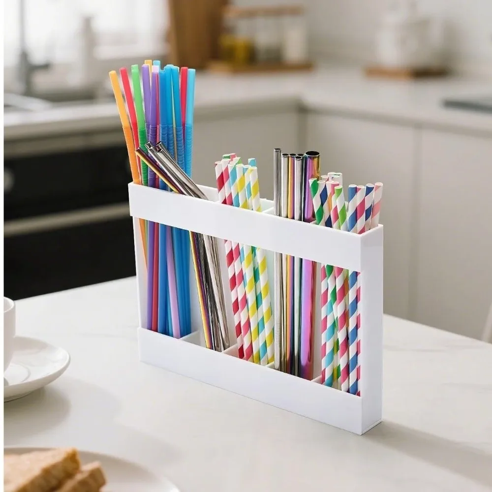 

New Acrylic Large Straw Holder Reusable Transparent and White Straw Storage Dispenser 5 Grids Straws Organizer for Cupboard Door