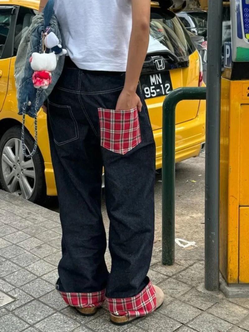

Harajuku Y2K Streetwear Trousers American Retro Plaid Splicing Curly Baggy Jeans Women Chic Casual Straight Wide-leg Pants Men