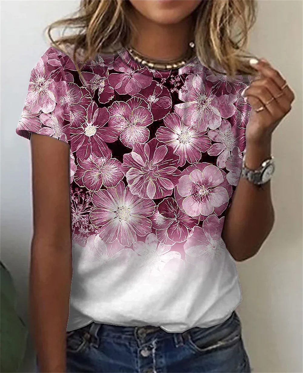 Summer T-Shirts Rose Flower 3D Print Streetwear Women\'s Floral Casual Fashion Oversized O-neck T Shirt Y2K Female Girl Tops Tees