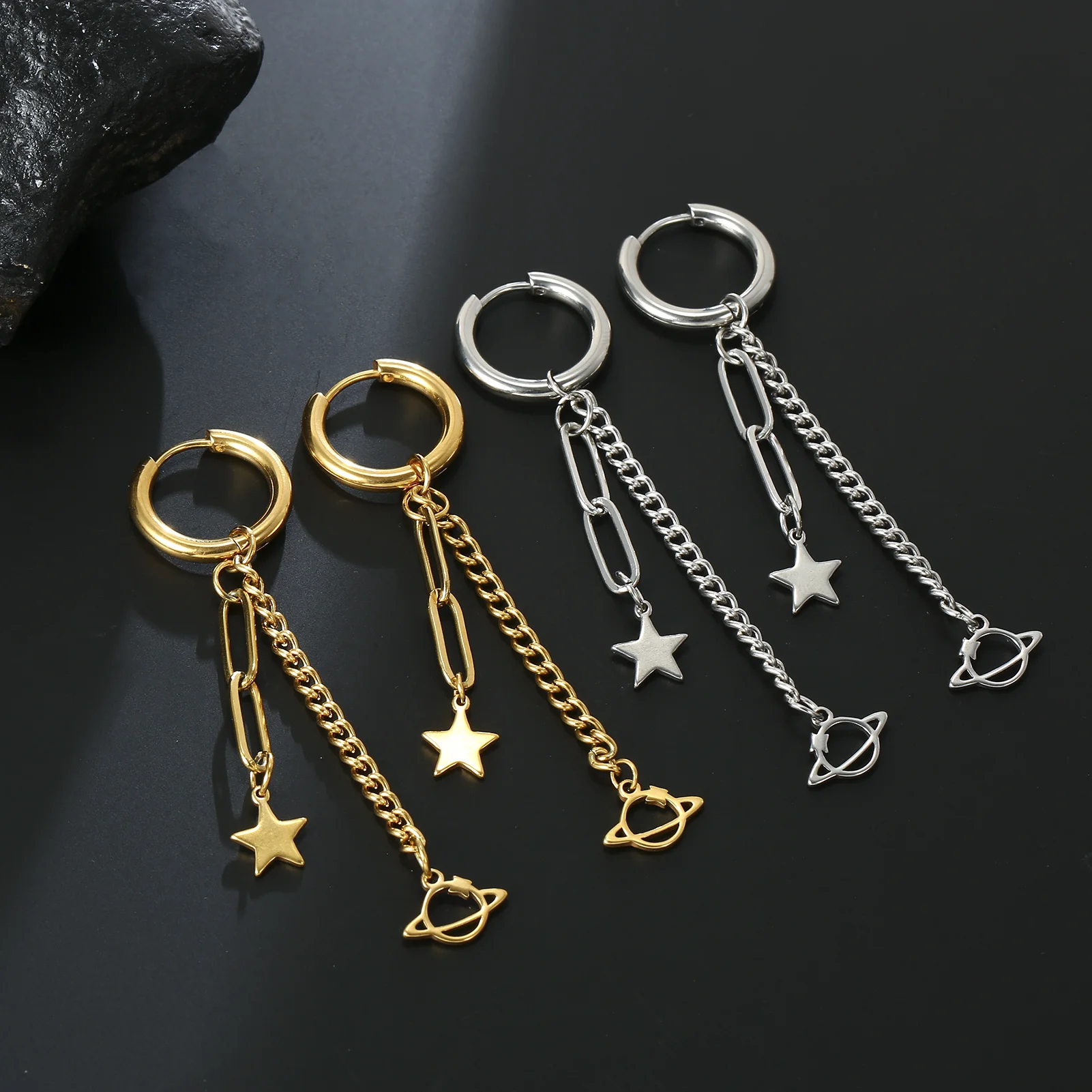 Kkjoy Long Chain Star Planet Dangle Earrings Women Pentagram Hexagon Lotus Flower Leaf Tassel Piercing Aesthetic Earring Jewelry