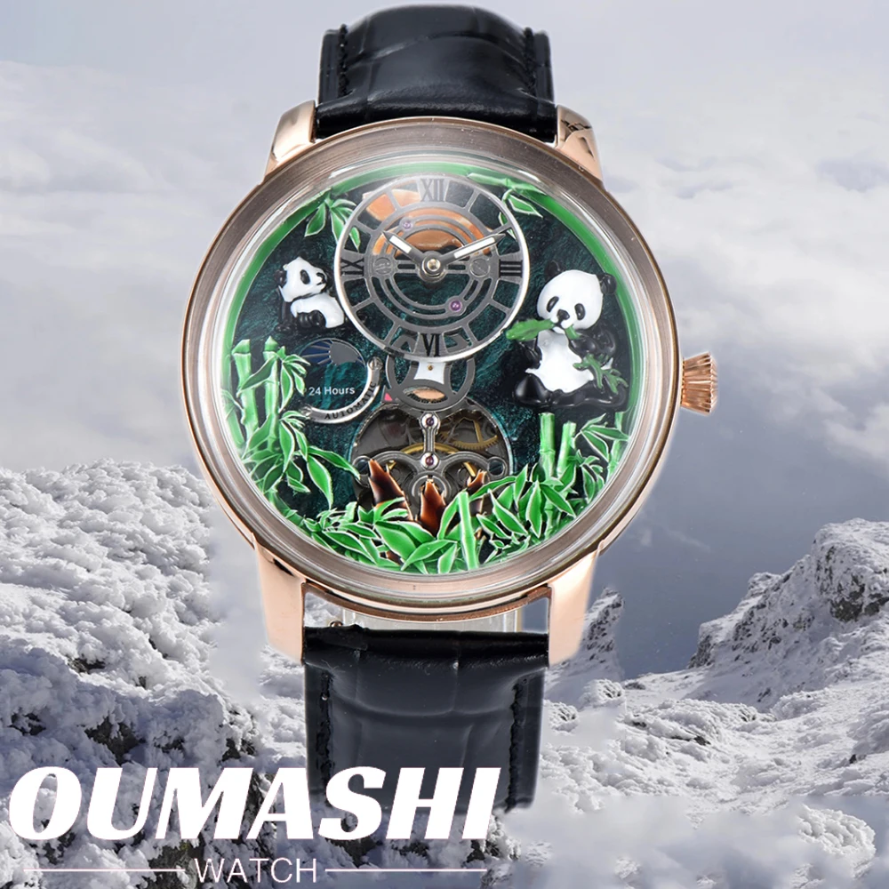 46mm Tourbillon luksusowa moda na co dzień osobowość wodoodporny motyw pandy mechaniczny automatyczny męski zegarek zegarek serpentynowy