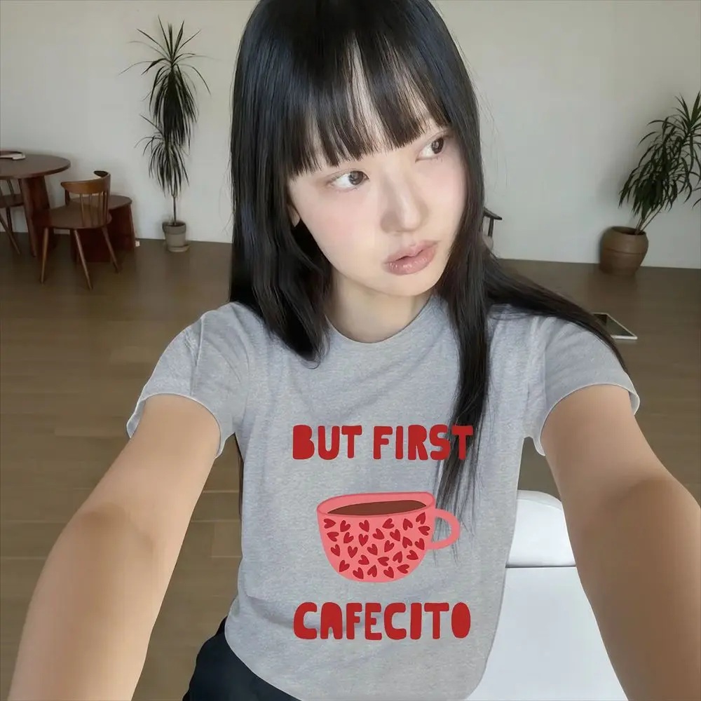 But First Cafecito Coffee Graphic T-Shirt Women Summer Harajuku Kawaii Heart Cup Print Crew Neck Short Daily Basic Cute Y2k Tops