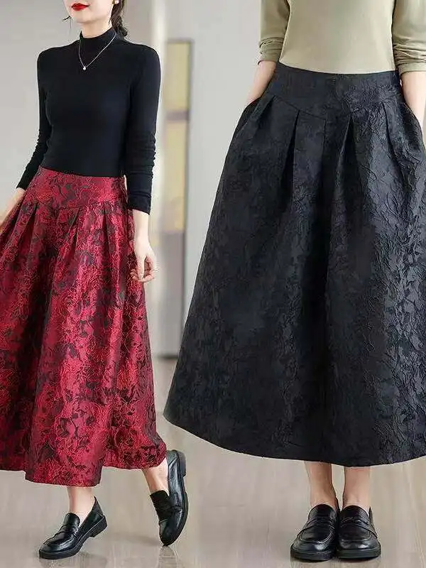 

Корейская и японская элитная вышитая юбка для женщин, весна 2026, универсальная, стройнящая, с цветочным узором, повседневная, с завышенной талией, А-силуэт