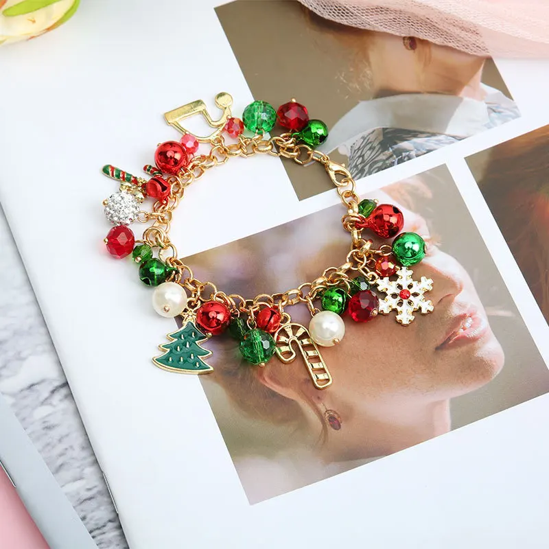 Hot Sale Christmas Bracelet Hanging Pearl Bell Red Green Ball Crystal Beads Snow Politeness Tree Alloy Gift Bracelet Jewellery