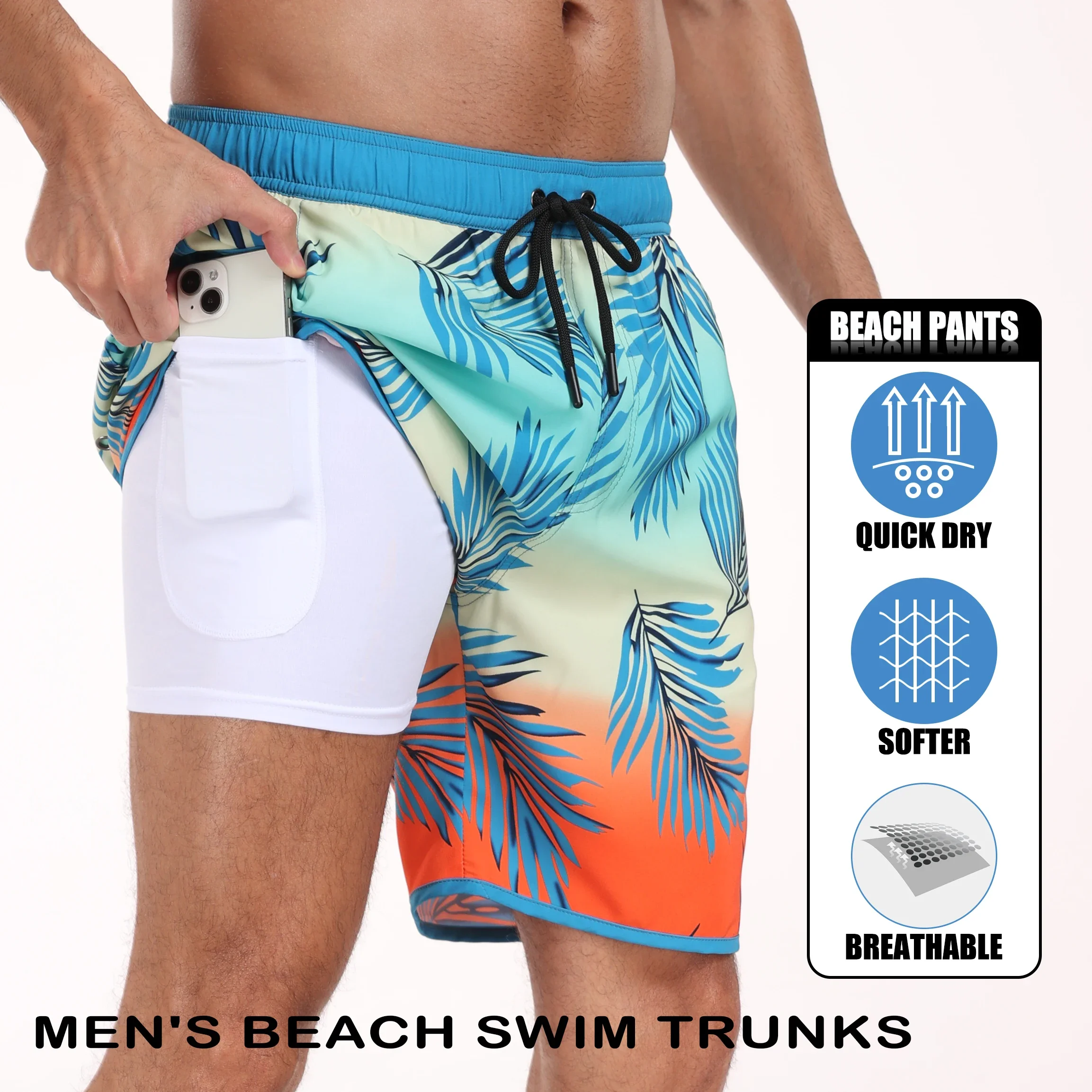 Men's Quick Dry Swim Trunks Multi-Pocket Loose Beach Shorts Printed Beach Shorts Suitable for Swimming Surfing Summer Vacation