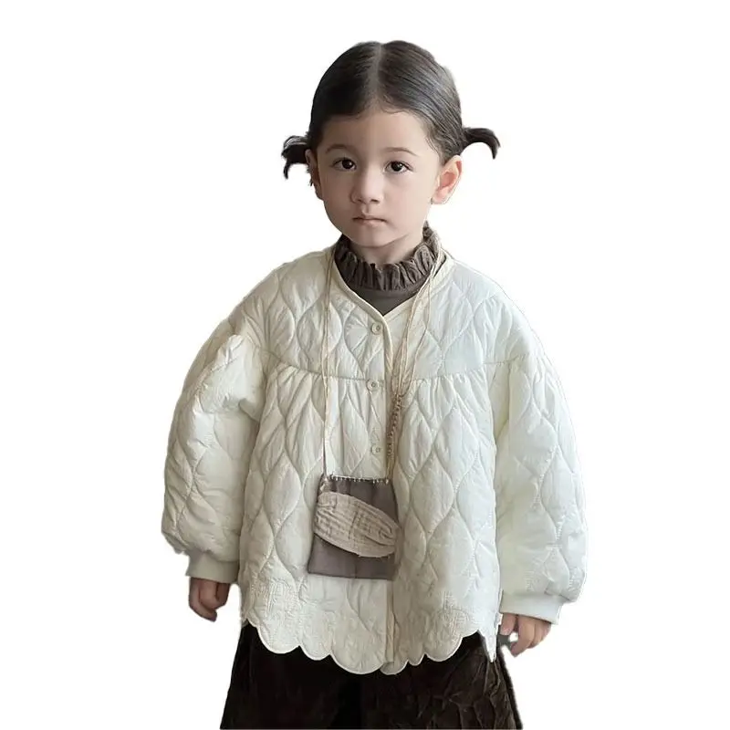 2025 New Korean Style White Thickened Warm Cotton Padded Jacket Fashionable Winter Coat for Girls Kids Baby Casual Cotton Coat