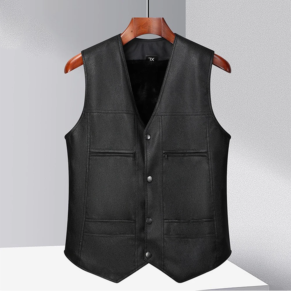 Men\'s V Neck Imitation Leather Vest with Lightweight Yet Warm Fleece Interior Sleeveless Waistcoat for Flexible Daily Use