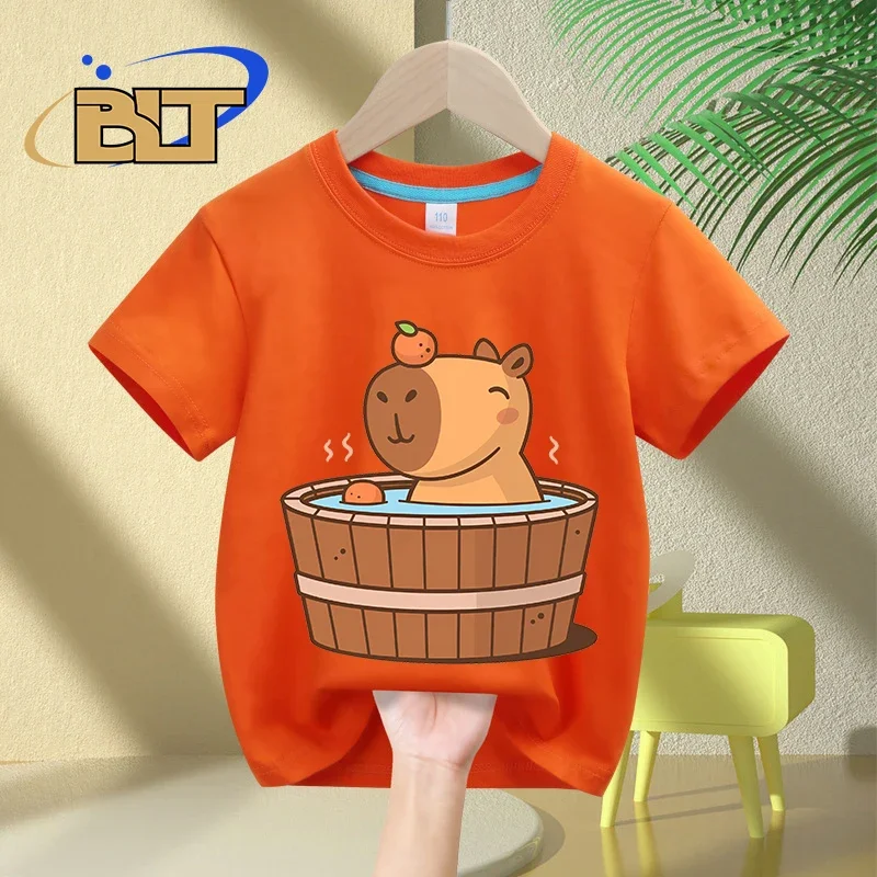 Capybara in hot tub Camisetas estampadas para niños, tops casuales de manga corta de algodón puro, regalos para niños y niñas, Verano