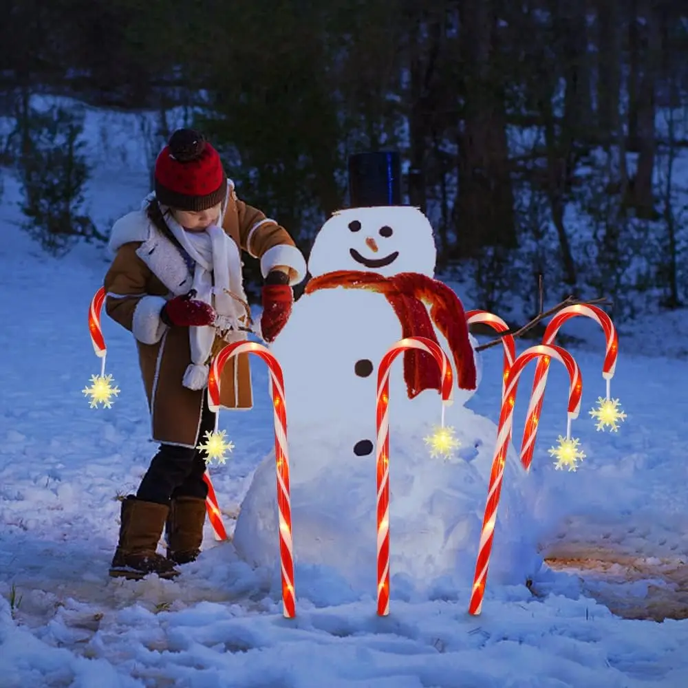 LED Solar Christmas Lights Outdoor Candy Cane, Lighted Red & White Striped Stakes with Hanging Snowflake for Driveway Walkway