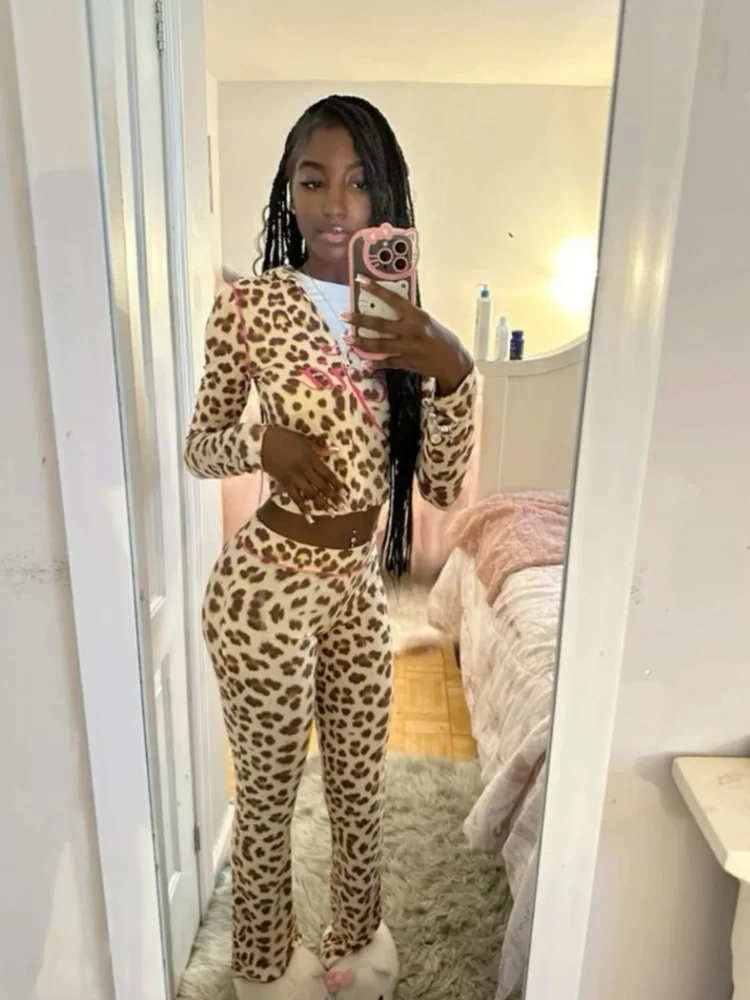 Soefdioo Leopard Print Two Piece Sets for Women Casual Hooded Cardigan Crop Tops and Pant Matched 2024 Street Baddie Outfit Sets