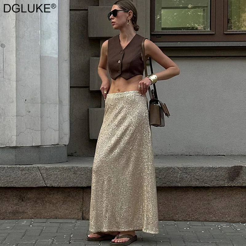 DGLUKE Silver Sequin Skirt Woman High Waist Maxi Skirt Fashion Shiny Glitter Elegant Party Long Skirts For Women 2024