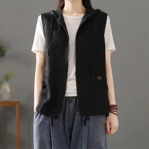 Vintage Simplicity Summer Cotton Hemp Vest Women\'s Hooded Solid Color Zipper Pocket Fashion Casual Loose Sleeveless Tanks Tops
