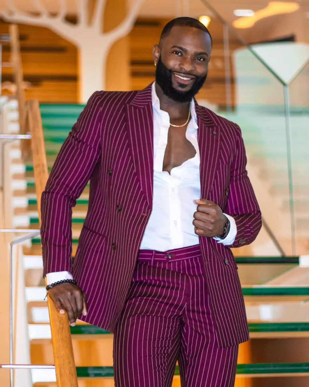 Fashion Men Suits Brick Stripe Tailor-Made Tuxedo 2 Pcs Coat Pants Blazer Wedding Party Singer Groom Costume Homme Customized