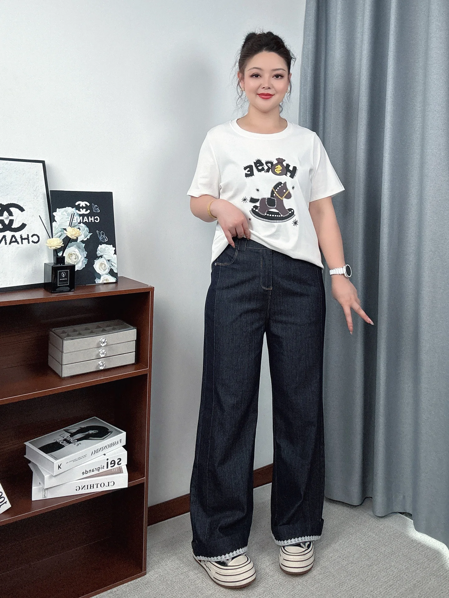 

High Waist Wide Leg Jeans for plus Size Women Casual Straight Cut Lace Trim Loose Fit Denim Pants Spring Summer Fashion